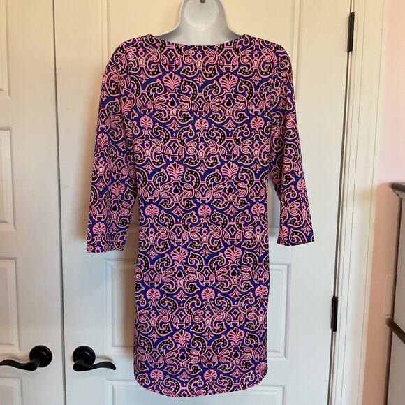 Pink Owl Blue/Pink Paisley Pullover 3/4 Sleeve Lined Dress Sz S - Picture 3 of 7